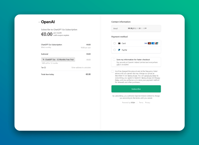 chatgpt go 12 month free billing area setting